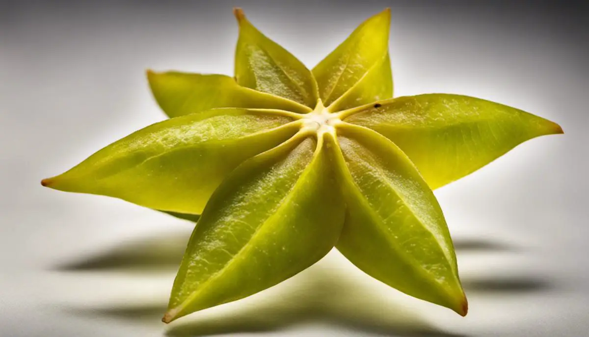 A close-up image of a carambola fruit, also known as star fruit, which is smooth and yellow with defined ridges. The fruit has a star-like shape consisting of five ridges that extend from its center, giving it its unique appearance.