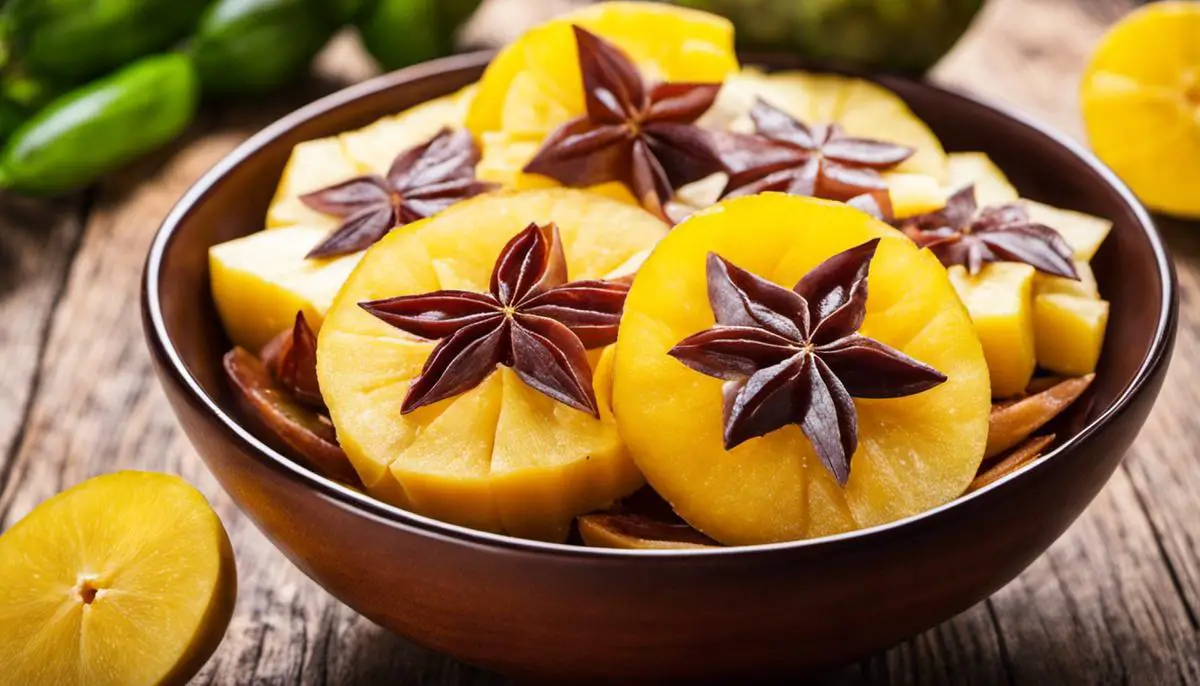 A bowl of sliced carambolas, displaying the star-shaped cross-sectional view, representing the health benefits of carambola.