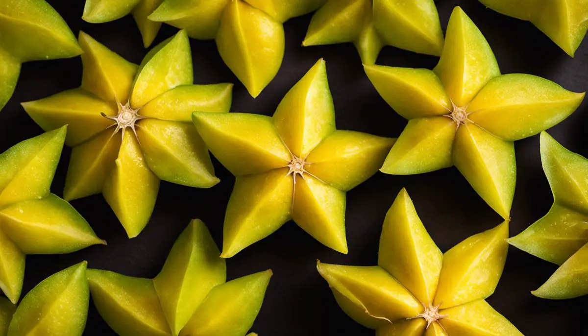 Image of a freshly cut carambola (star fruit) showing its star-like shape and bright yellow color.