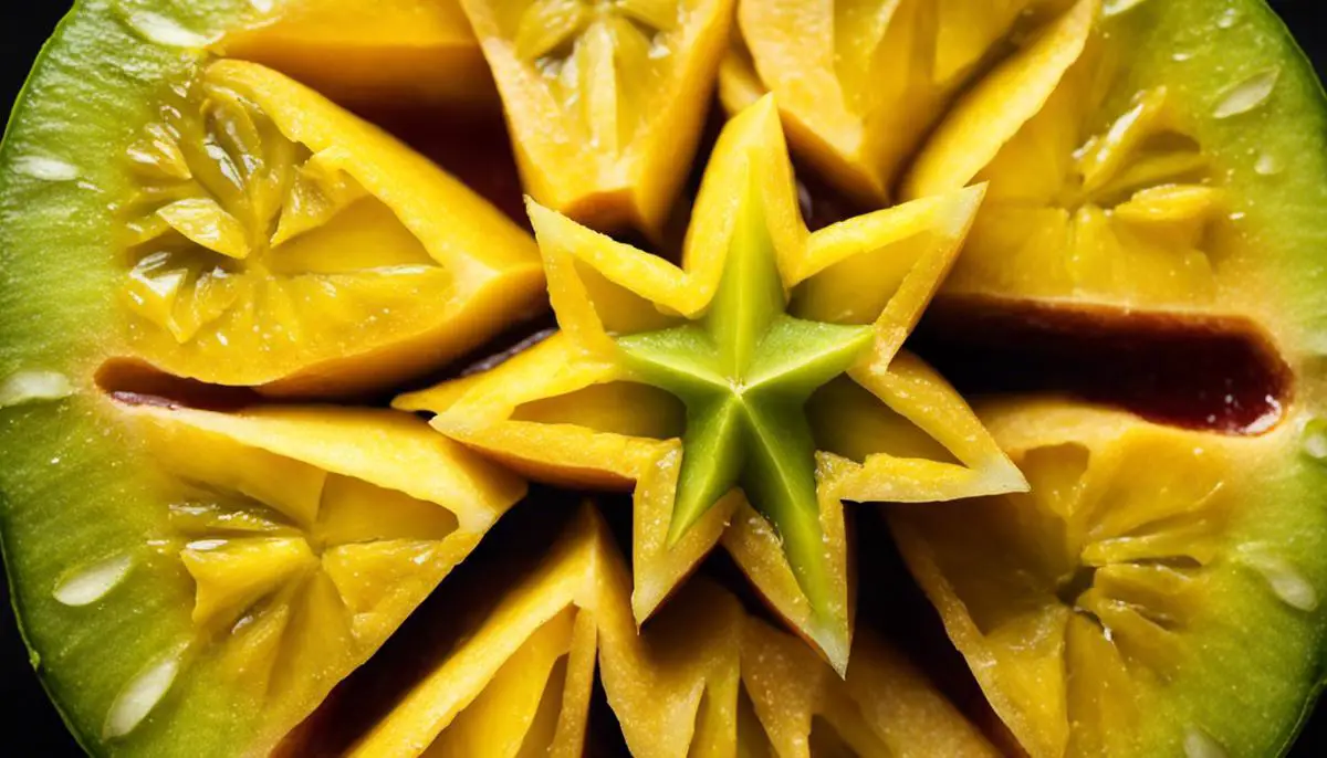 A close-up image of a sliced carambola fruit with its star-shaped cross-section visible.