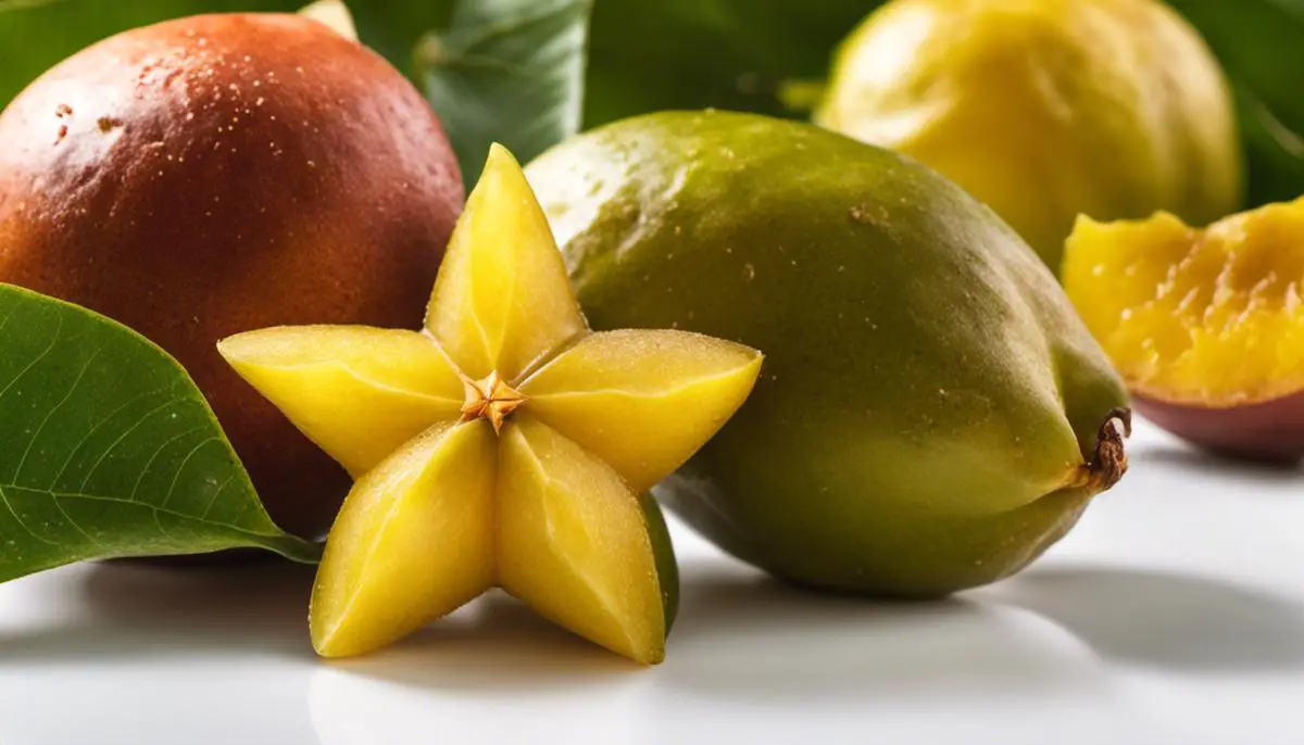 A close-up image of a ripe carambola fruit on a white background, showing its unique star shape.