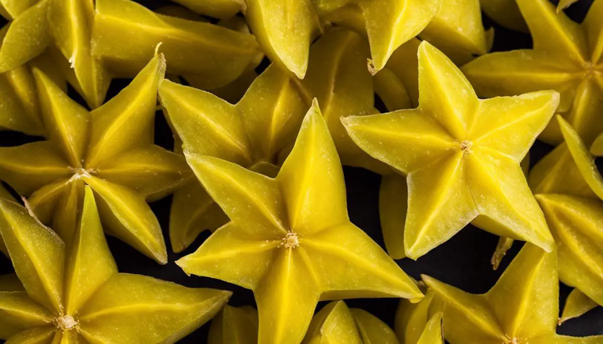 A close-up image of a sliced carambola (star fruit) with a vibrant yellow color and distinct star shape.