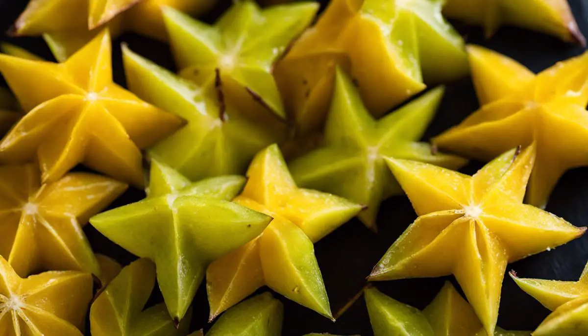 A close-up photograph of a freshly cut carambola fruit, showcasing its unique star shape and bright yellow color.