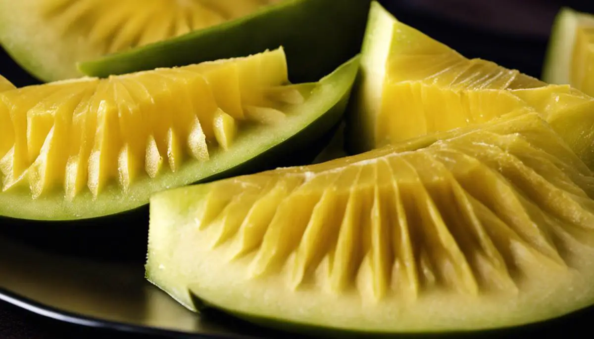 A close-up image of sliced carambola fruit, showing its star-shaped cross-section.