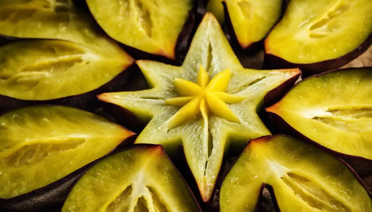 A close-up image of a sliced carambola star fruit showcasing its unique star shape.