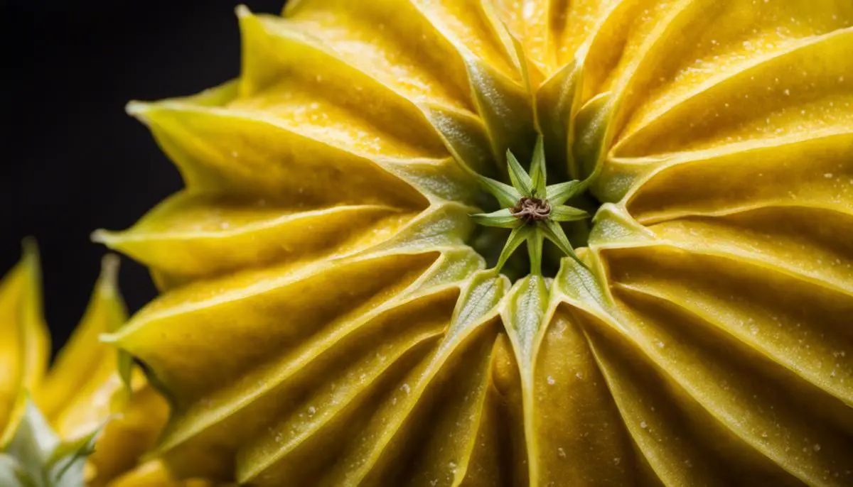 A close-up image of a vibrant yellow star fruit, with a unique star-like shape and ridges running along its surface.