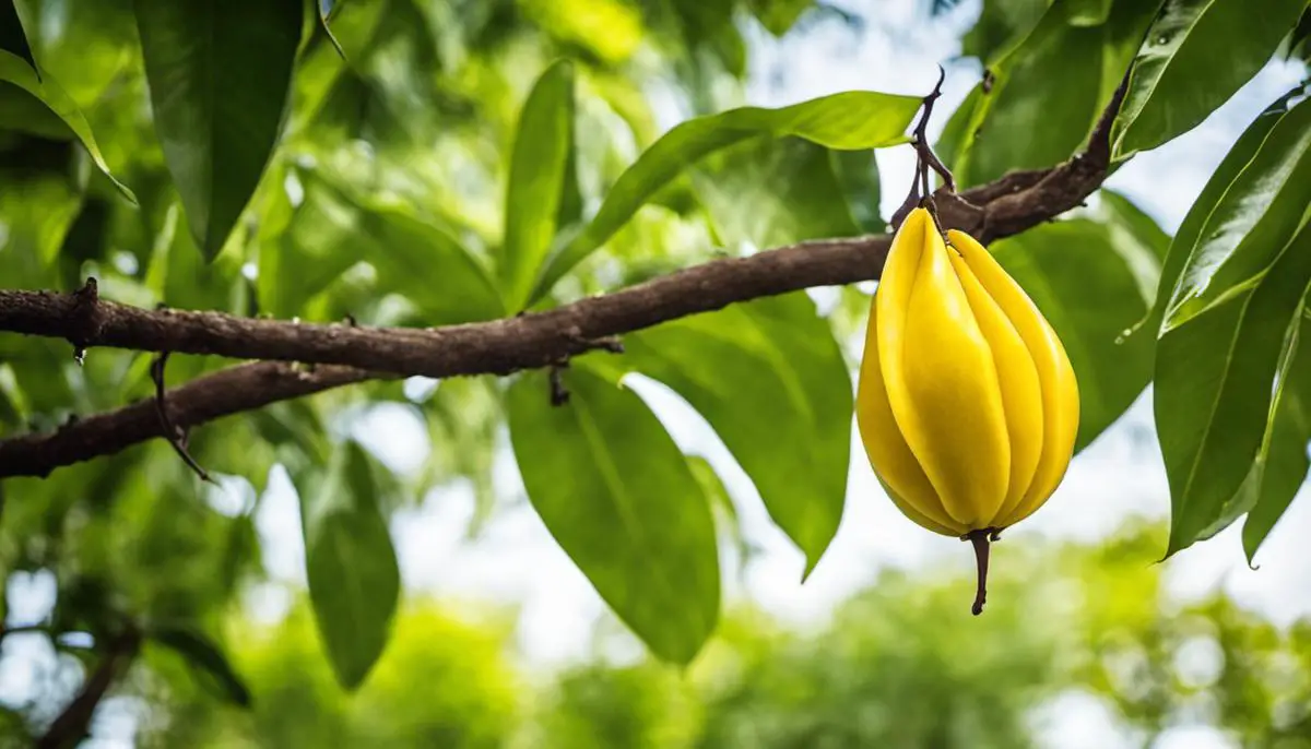 A ripe carambola star fruit with its distinctive star-like shape, showcasing its vibrant yellow color.