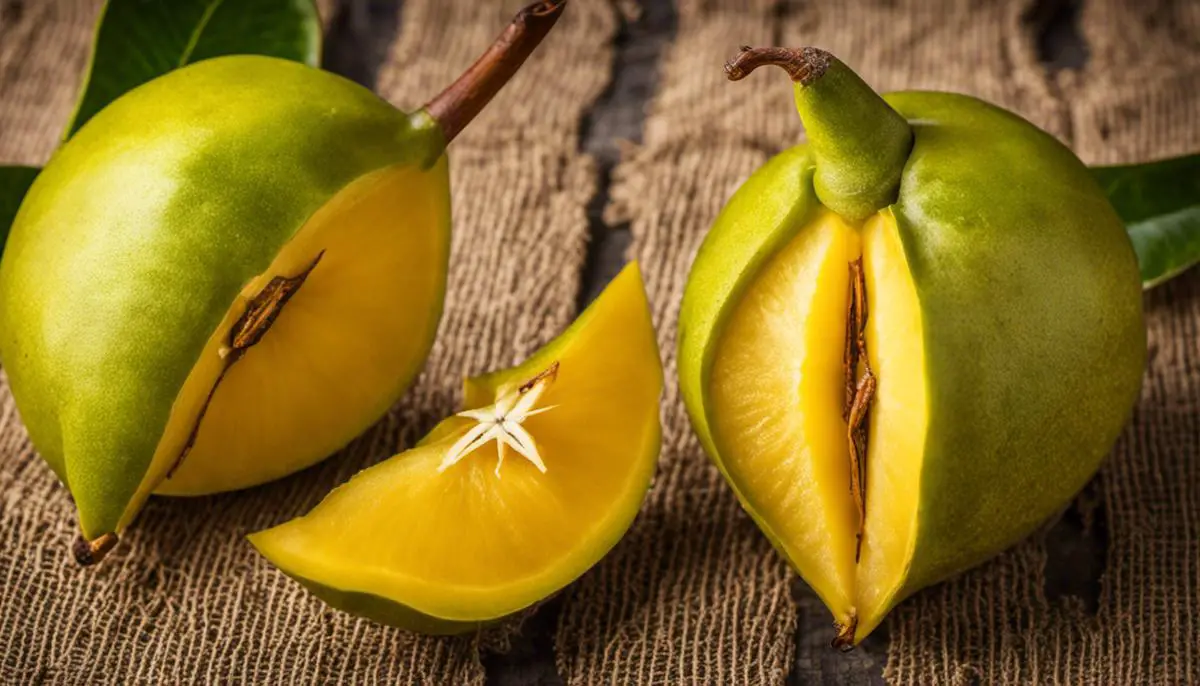 A close-up image of a ripe carambola or starfruit, showcasing its star-shaped cross-section and vibrant yellow color.