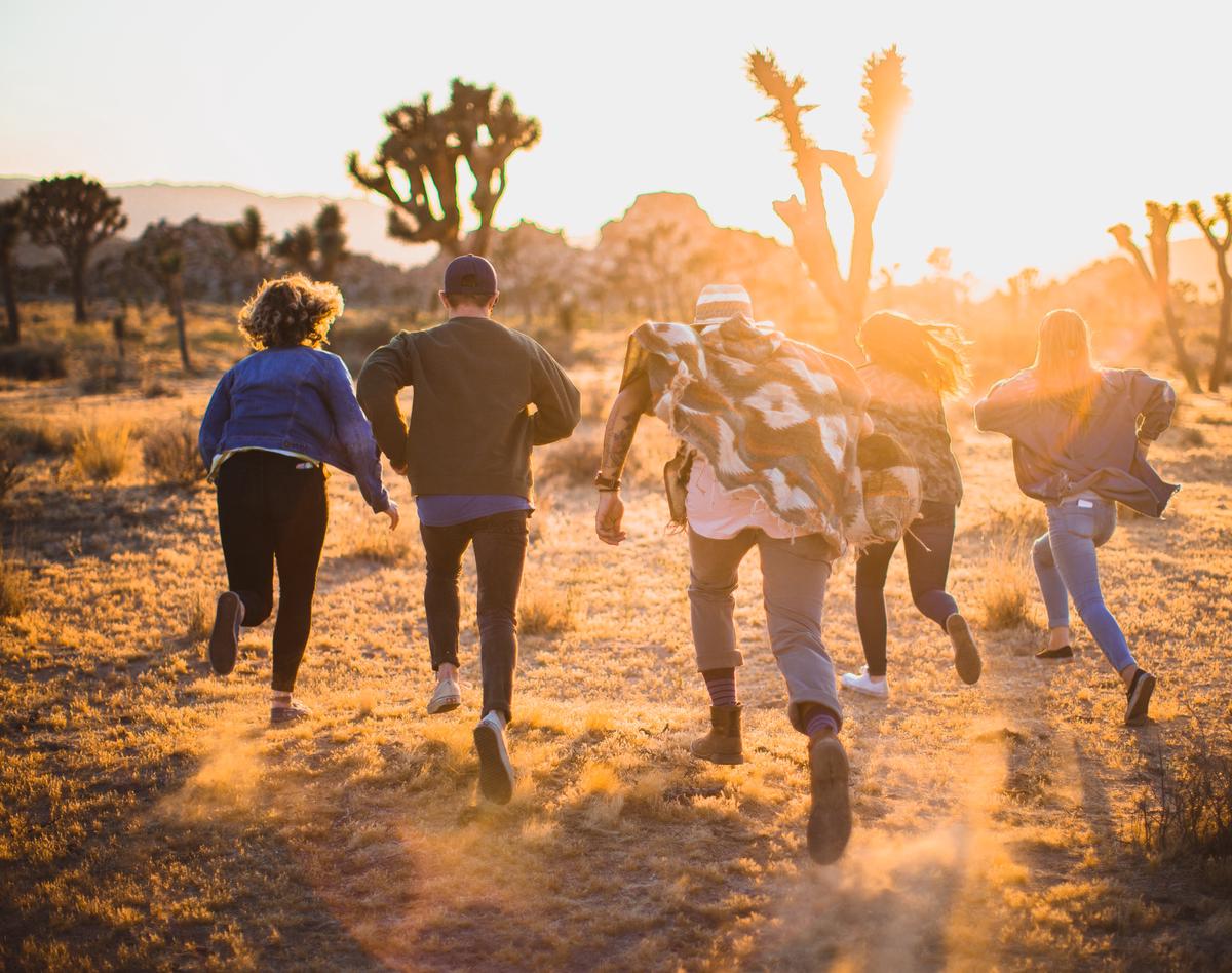 A group of men exercising outdoors, engaged in different cardio activities like running, swimming, cycling, and rowing.