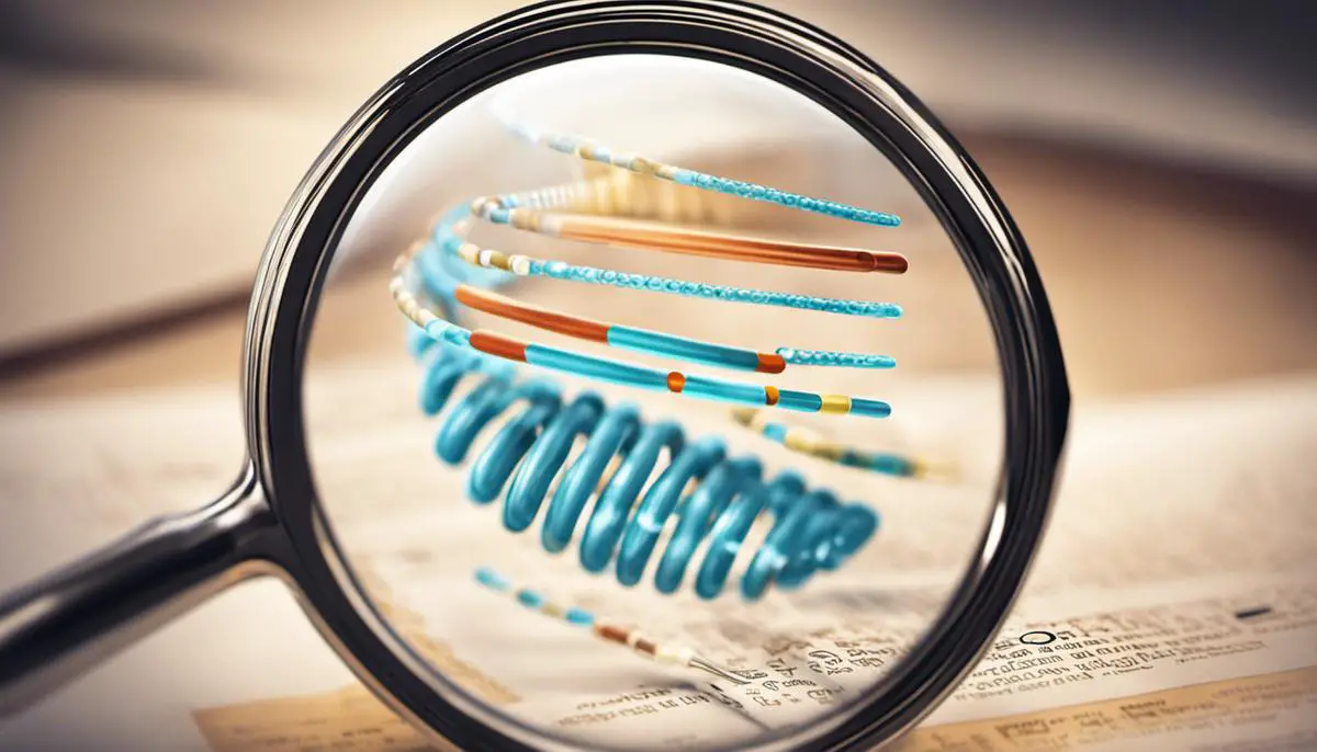 Illustration of a genetic testing process with a DNA strand and magnifying glass.