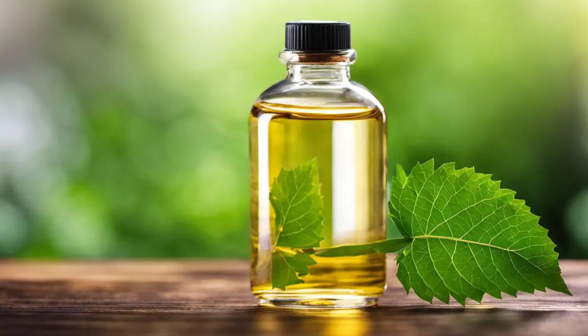 Bottle of castor oil with a leafy plant in the background