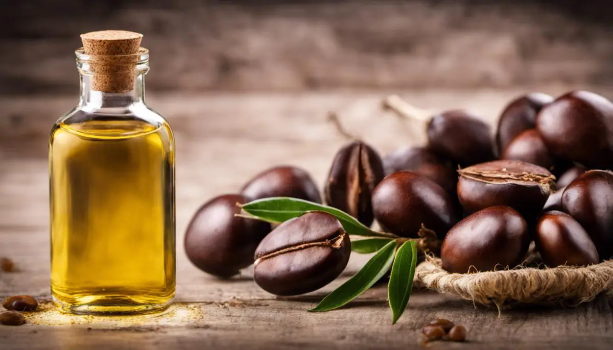 A bottle of castor oil with a sprig of castor beans, symbolizing the origin and extraction of the oil.