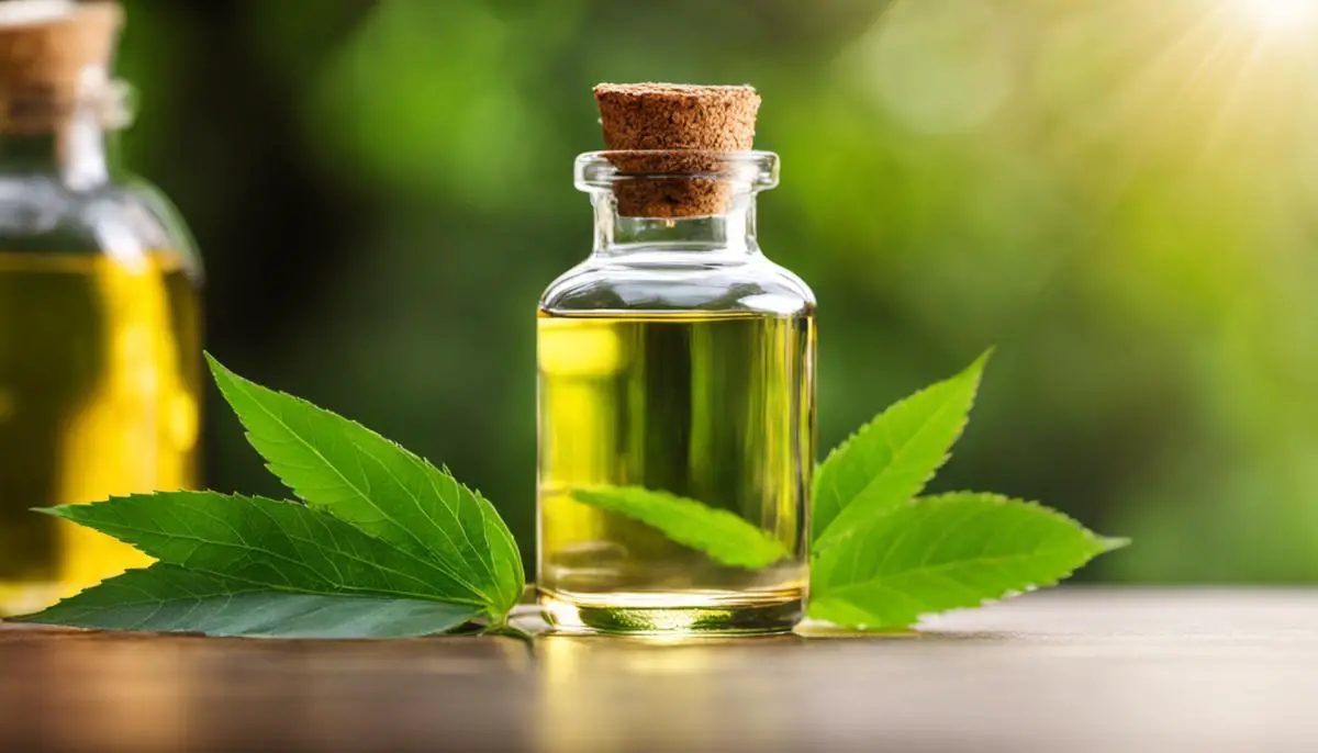 Bottle of castor oil with a green leaf in the background