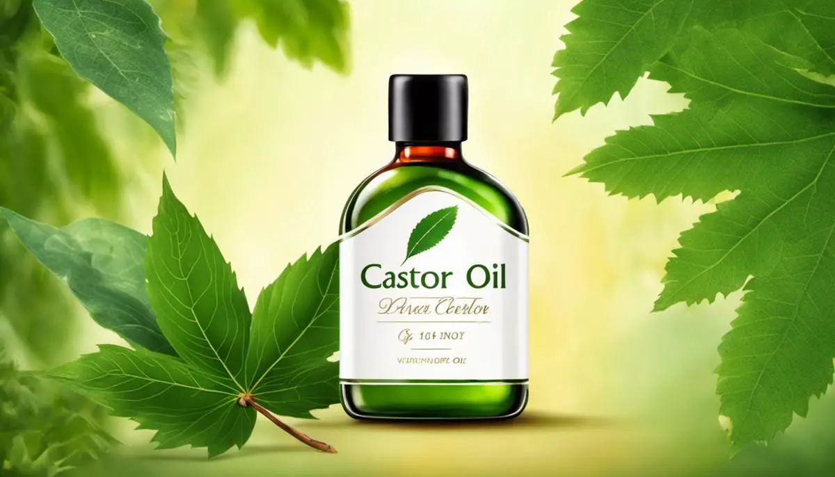 A bottle of castor oil with a green leaf background