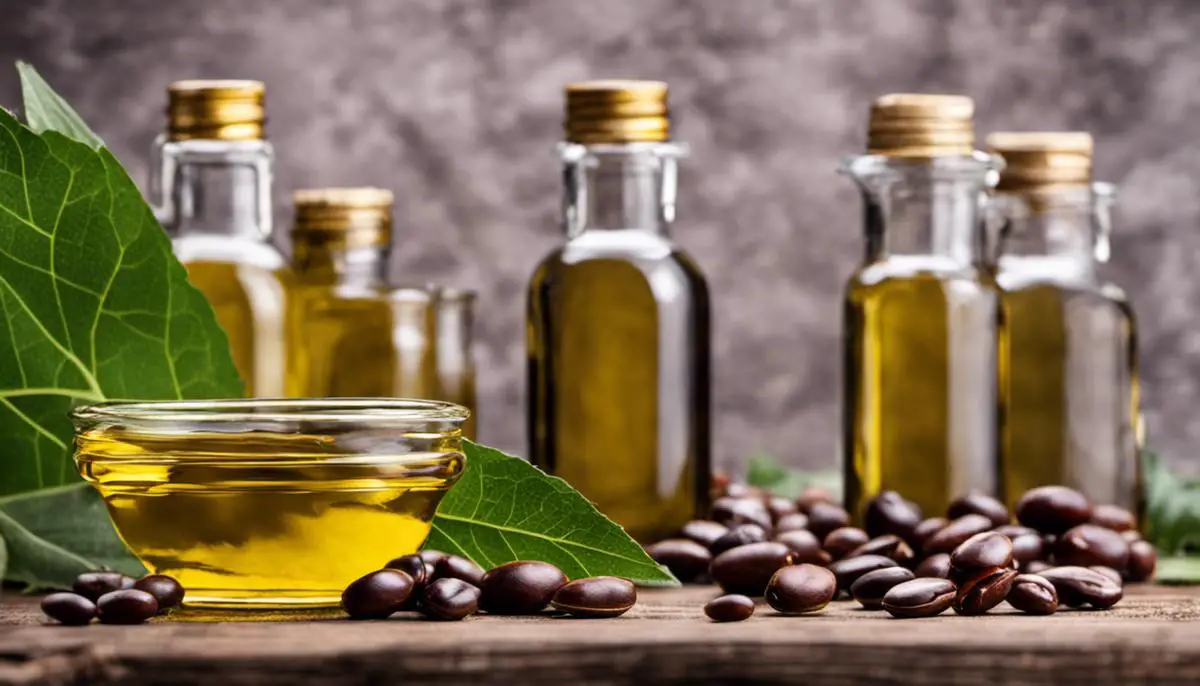 Different types of castor oil bottles and beans