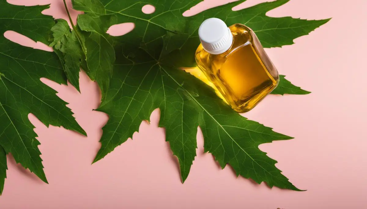 A bottle of castor oil with a leaf and acne drawing in the background