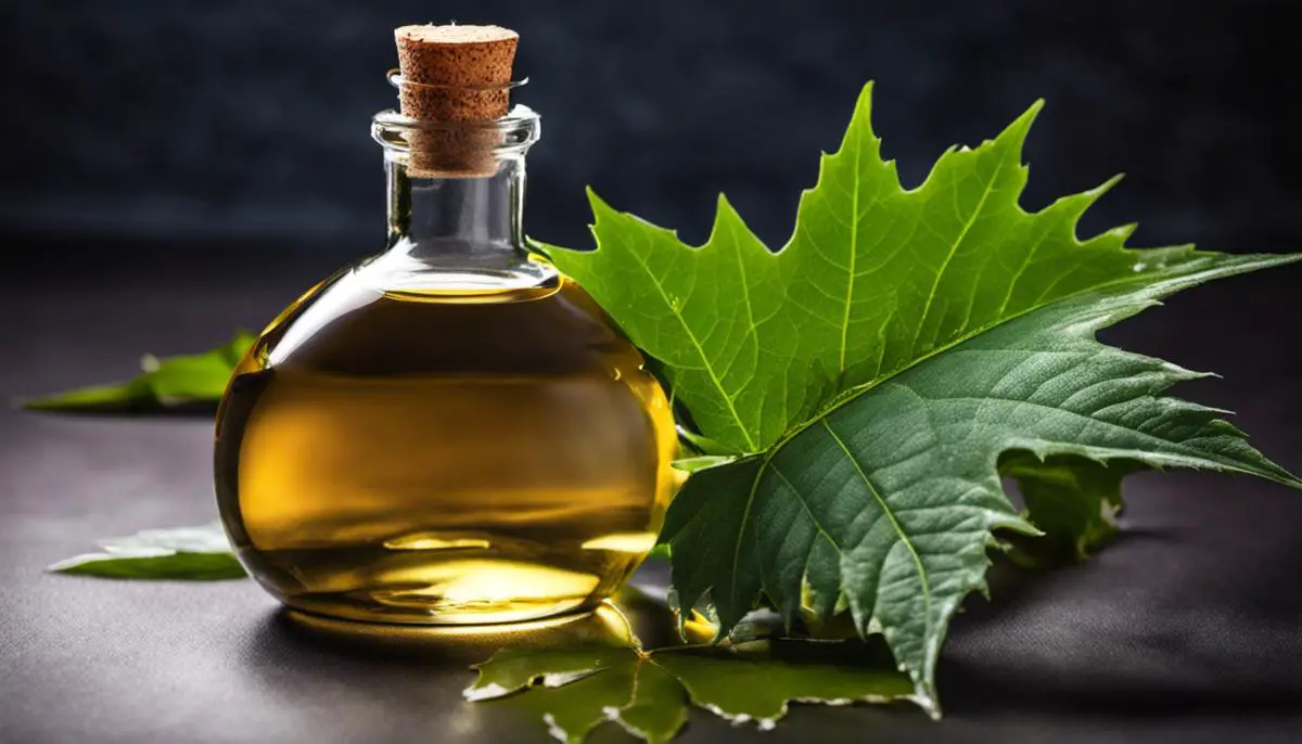 Image of a bottle of castor oil next to a leaf