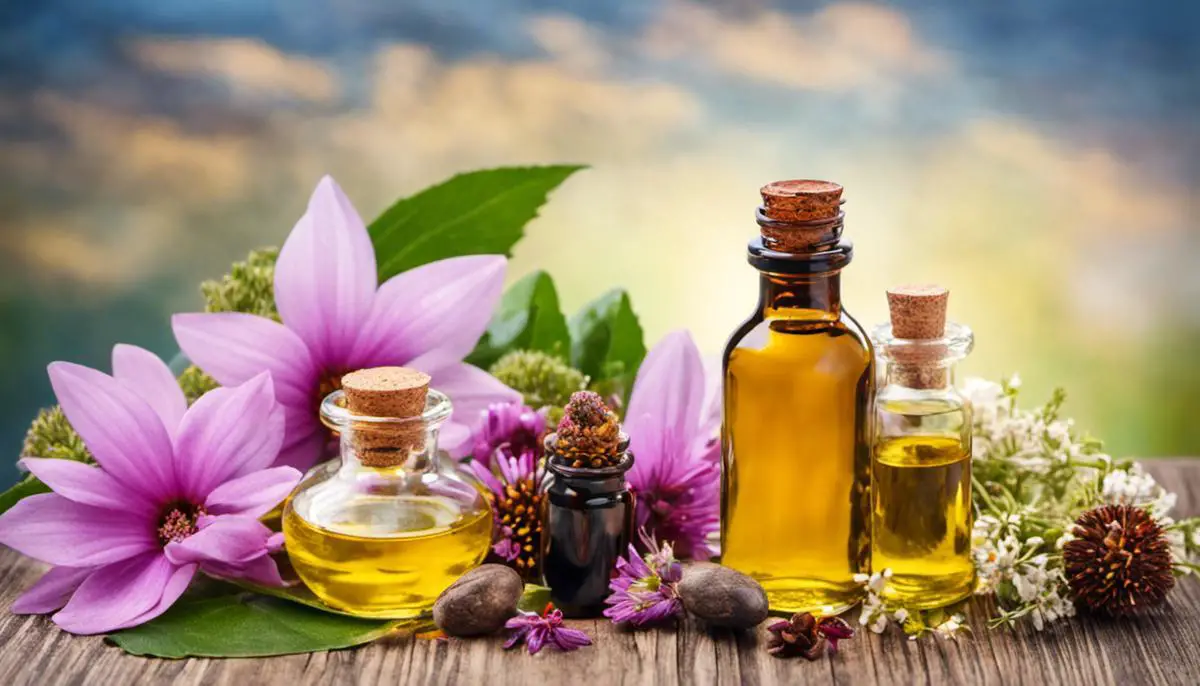 A bottle of castor oil surrounded by various essential oils and flowers, representing the use of castor oil in aromatherapy.