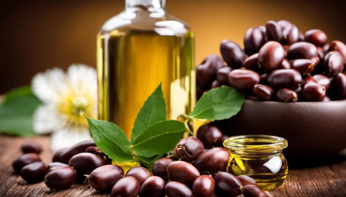 A bottle of castor oil with castor beans in the background, representing the healing benefits and production of castor oil.