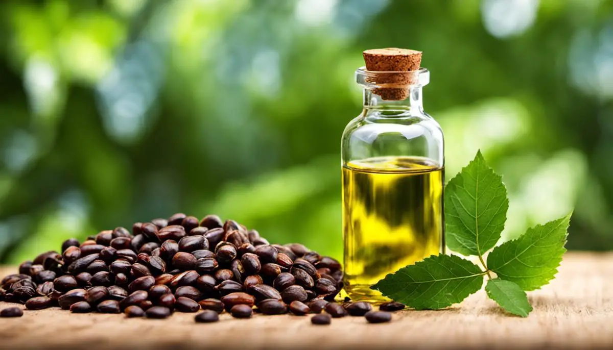 An image of a bottle of castor oil with a background of castor seeds and leaves.