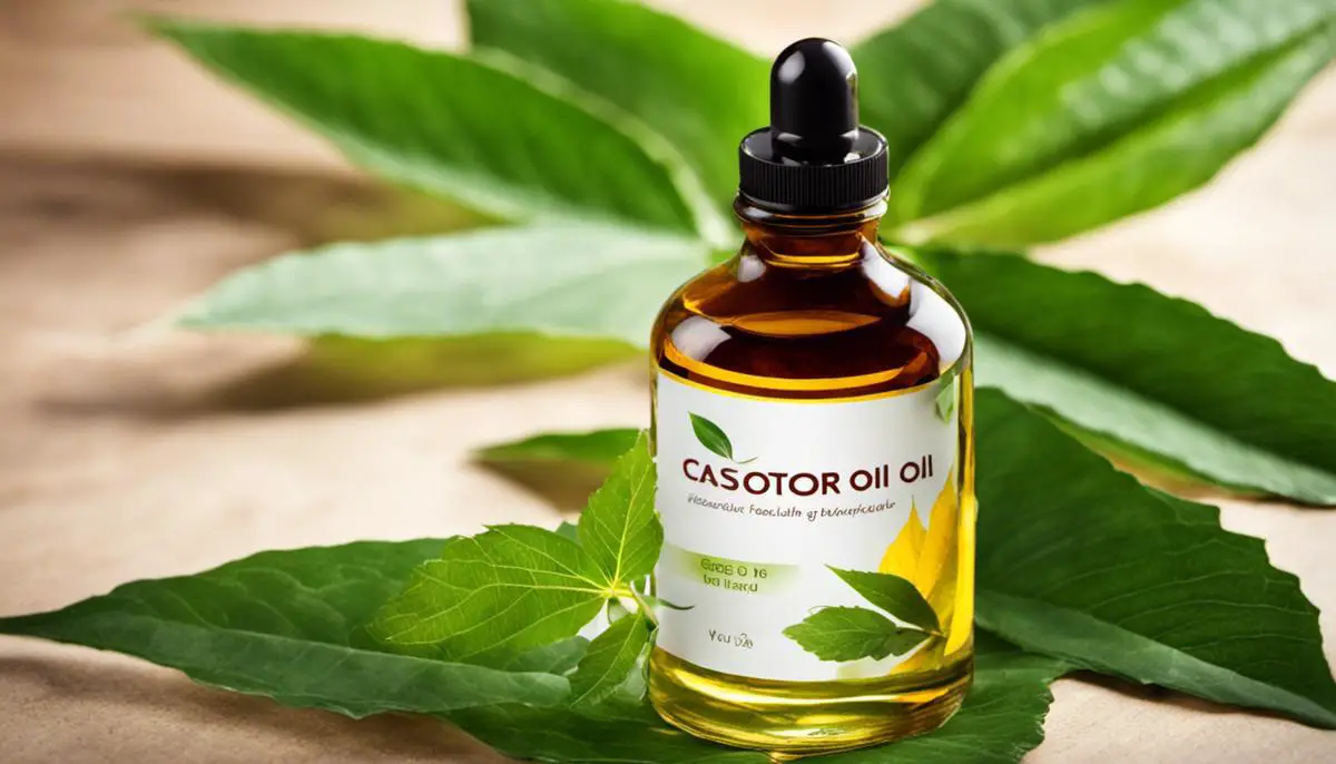 A bottle of castor oil with natural ingredients and a green leaf symbolizing its healing properties