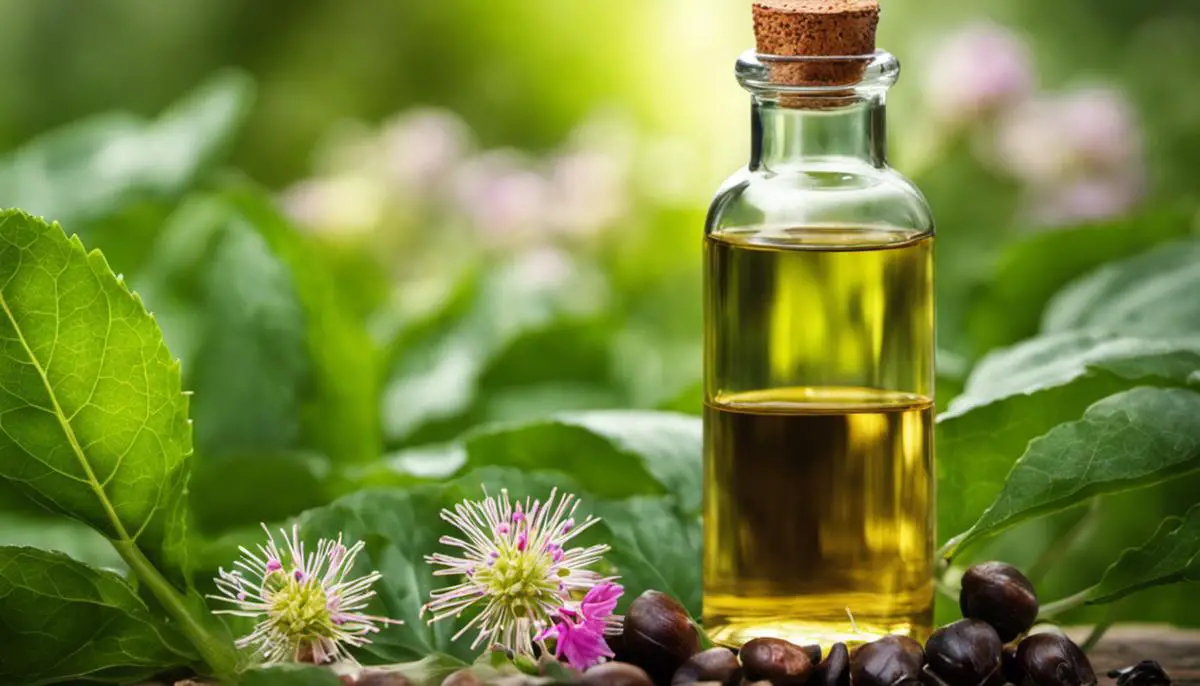 A close-up image of a bottle of castor oil surrounded by various green plants and flowers, representing its natural health benefits.