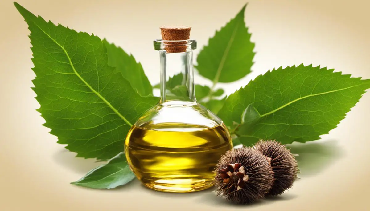 A bottle of castor oil and a leafy branch, representing the benefits and uses of castor oil for skin, hair, inflammation, wound healing, and as a laxative.