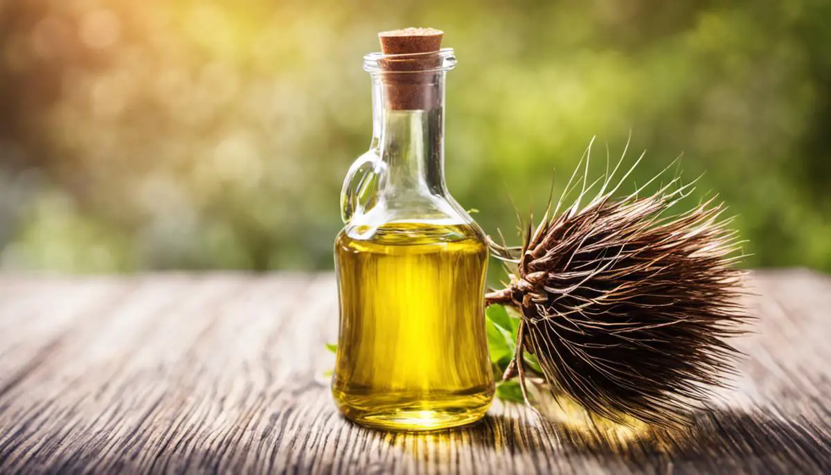 Image of a bottle of castor oil with hair strands, representing the benefits of castor oil for hair.