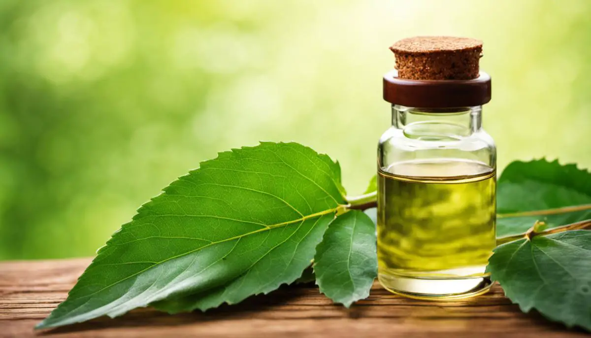 A bottle of castor oil with a green leaf in the background, representing natural health benefits.