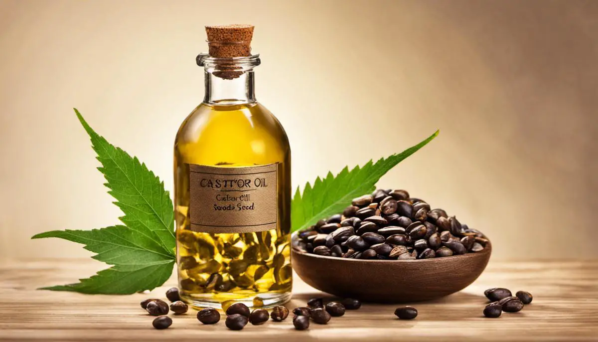 Castor oil bottle and seeds