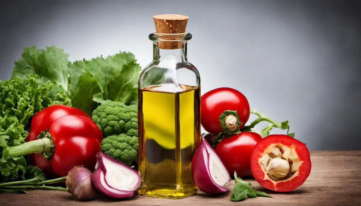 A bottle of castor oil surrounded by fresh vegetables, symbolizing the detoxification properties of castor oil.