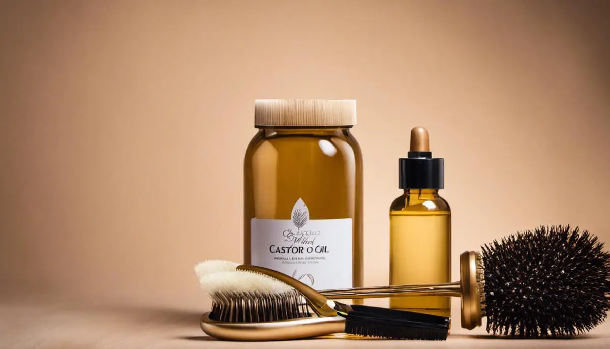 A jar of castor oil next to a hairbrush