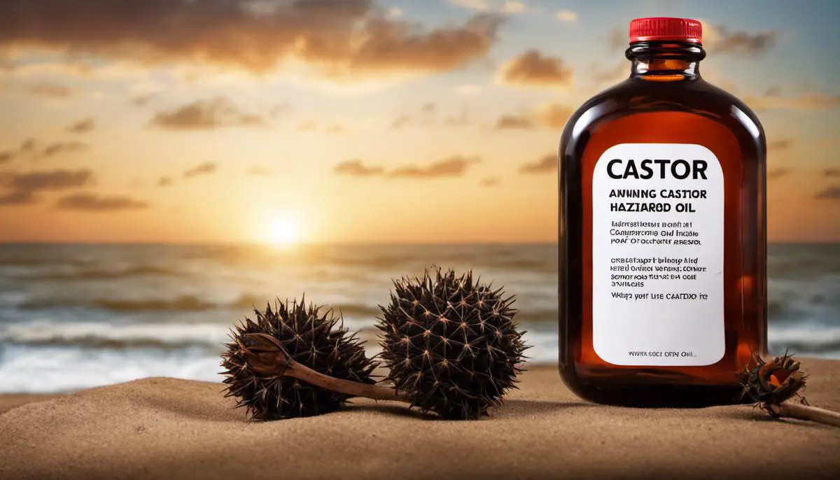 A warning sign next to a bottle of castor oil, cautioning about the potential hazards and risks associated with its use.