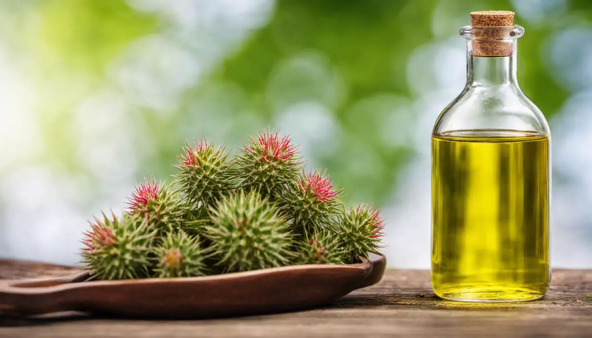 Image depicting a bottle of castor oil with a castor oil plant in the background