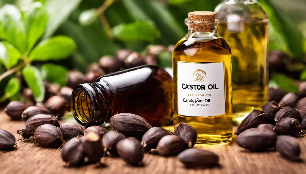 A bottle of castor oil surrounded by castor seeds, showcasing its use in health and wellness.