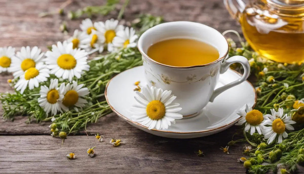 A cup of chamomile tea with chamomile flowers, promoting relaxation and sleep