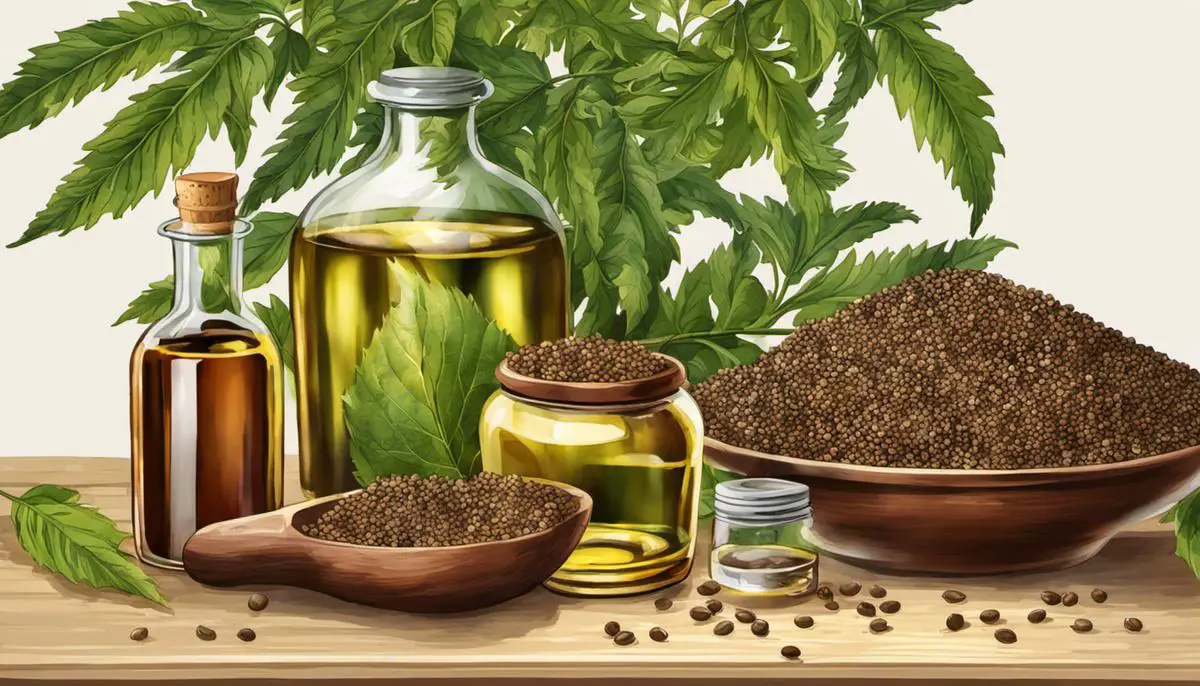 Illustration showing a bottle of castor oil and castor plant seeds being processed to extract the oil.