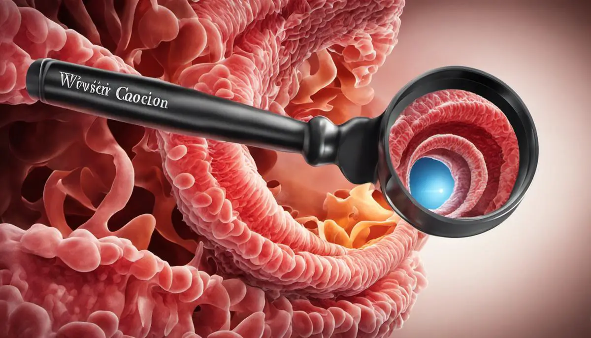 Illustration of a magnifying glass over a human colon, representing the importance of detecting bowel changes as an early indicator of colon cancer.