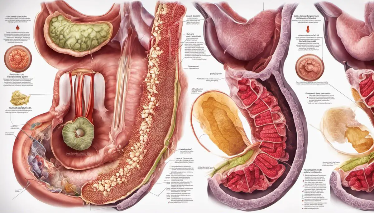 A medical illustration depicting the stages of colon cancer, showing the progression from polyps to advanced tumors.