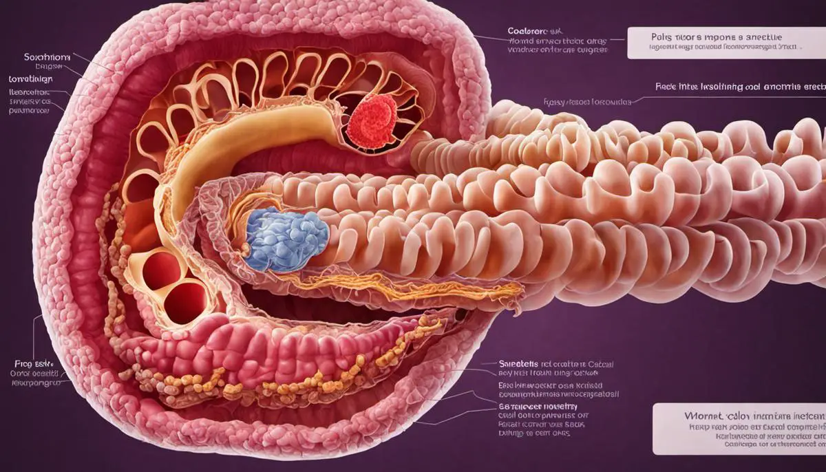Illustration showing the structure of the large intestine and highlighting the areas where colon cancer can occur.