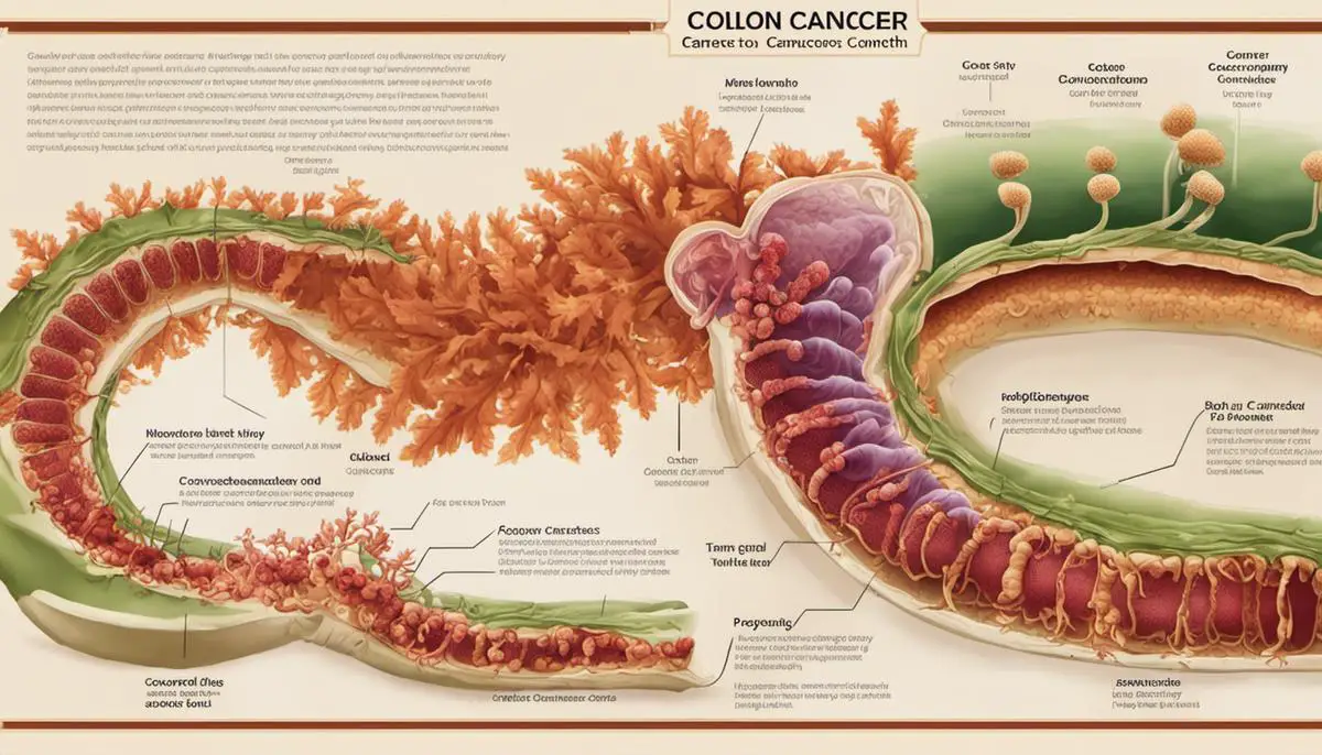 A diagram representing the stages of colon cancer, showing how it progresses from benign polyps to cancerous growths.