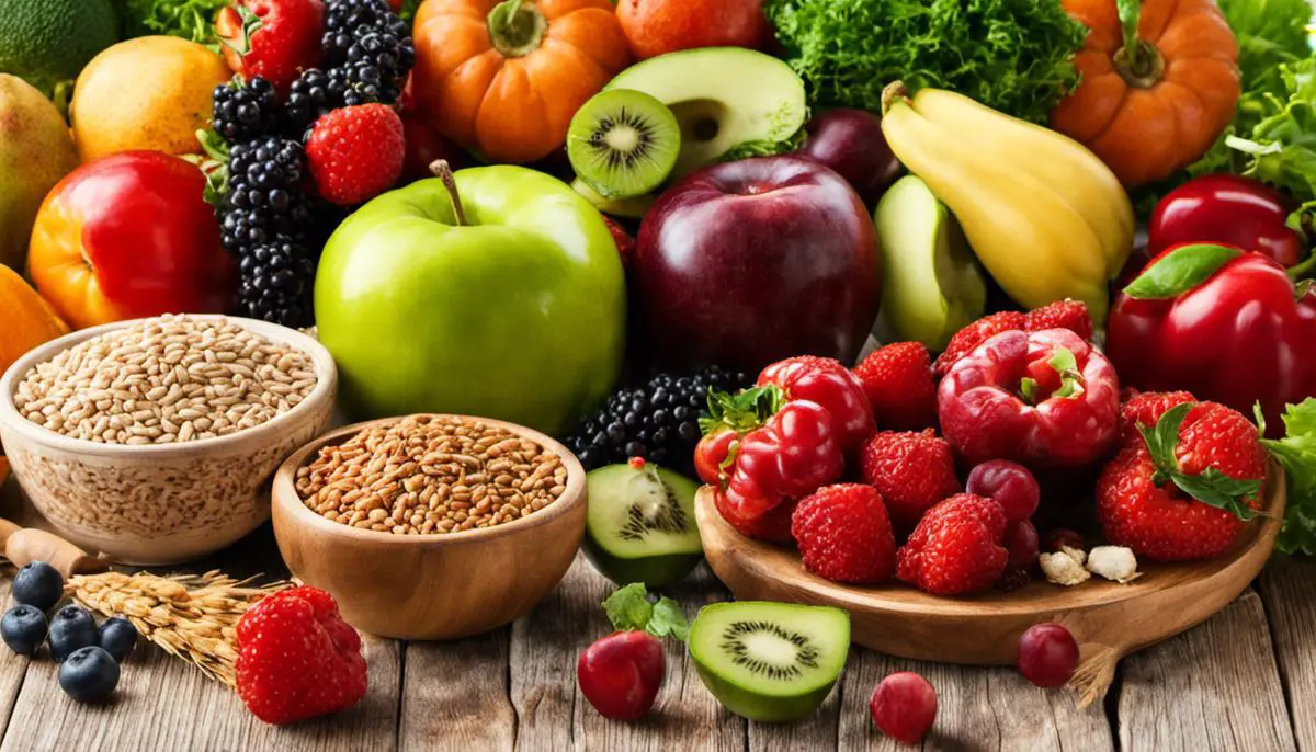 Image depicting a healthy diet with fruits, vegetables, and whole grains, symbolizing the preventive measures against colon cancer.