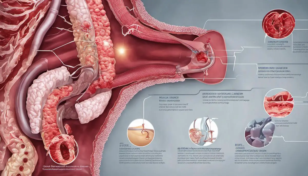 Illustration of colon cancer symptoms including unexplained weight loss, weakness or fatigue, rectal bleeding or bloody stools, and abdominal discomfort