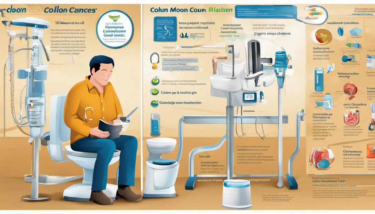 Illustration depicting common symptoms of colon cancer such as changes in bowel habits, abdominal discomfort, blood in the stool, fatigue and weakness, unexplained weight loss, shortness of breath, and nausea or vomiting.