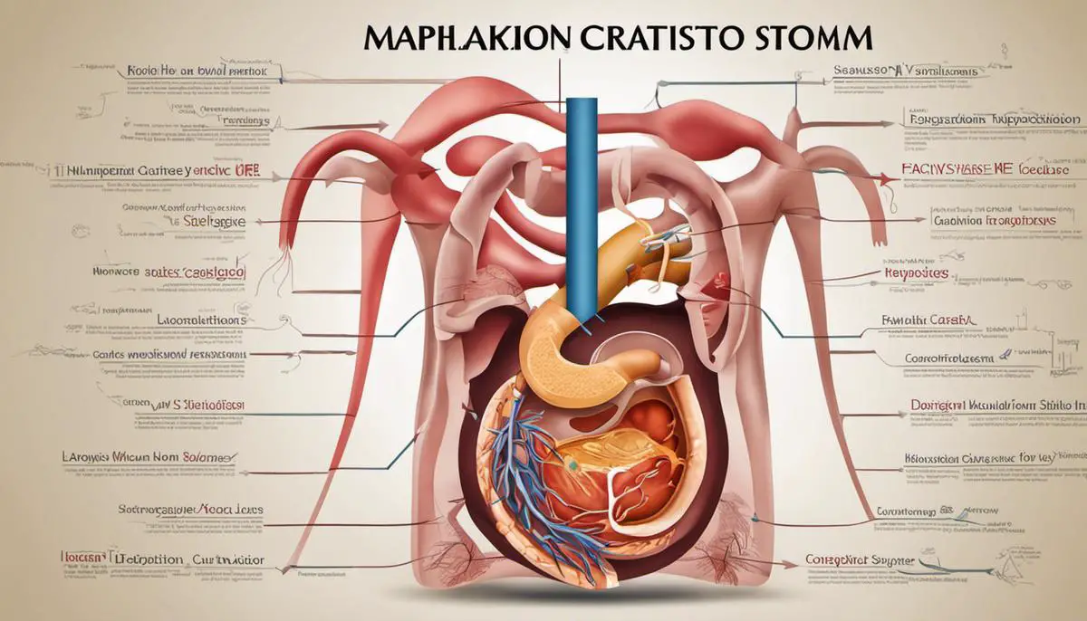 Illustration of the human digestive system with arrows pointing to the factors that can cause constipation.