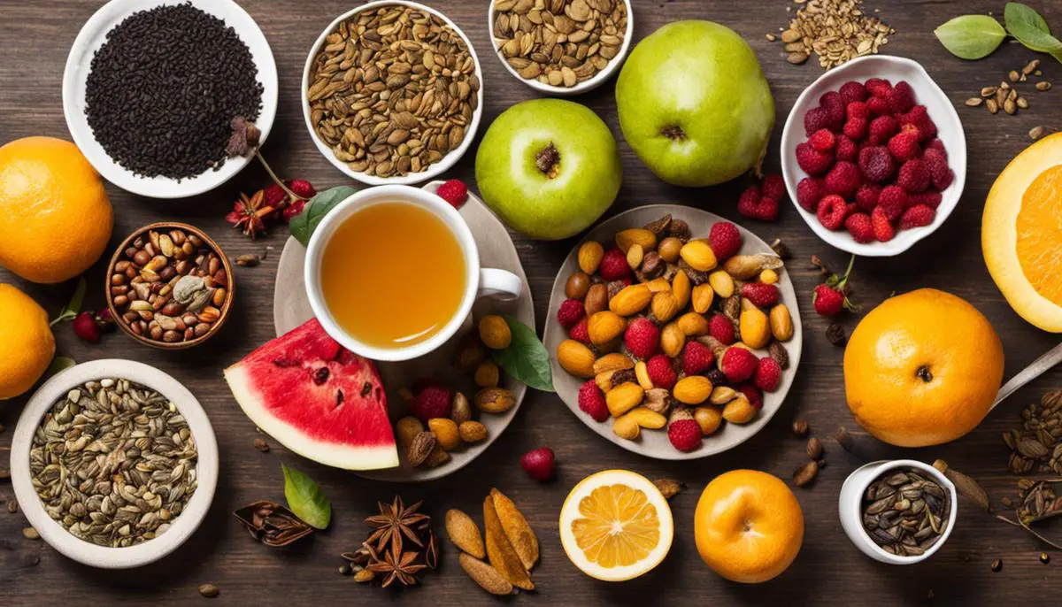 A picture of various fruits, seeds, and tea bags, representing natural remedies for constipation.