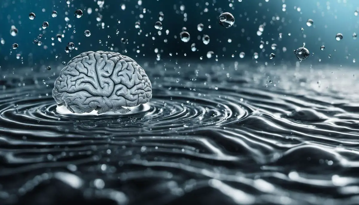 Image depicting the impact of dehydration on the brain, showing a brain surrounded by water droplets.