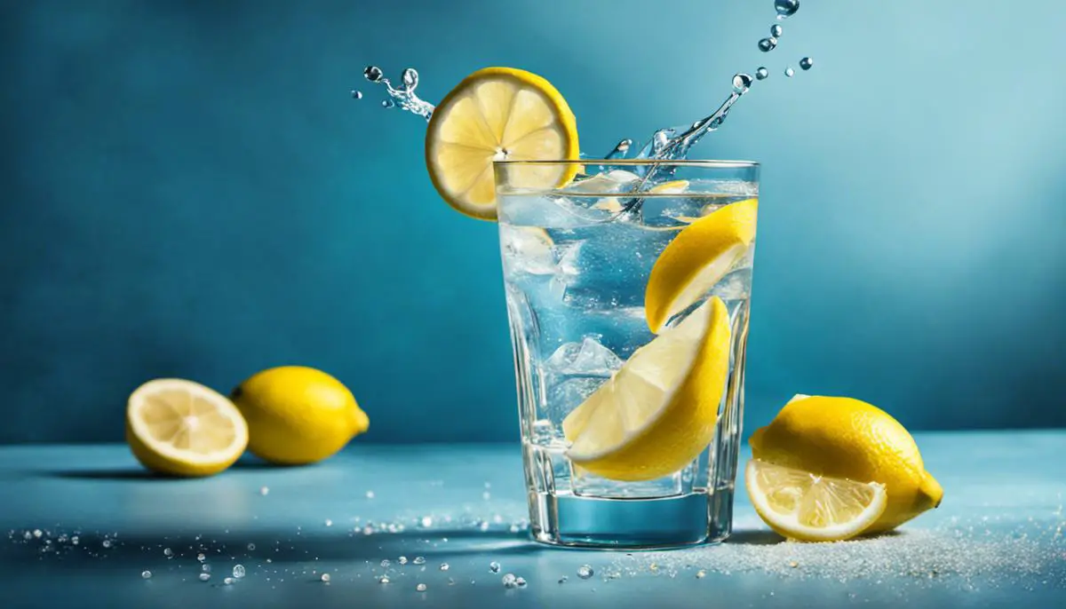 A glass of water with lemon slices surrounded by blue background.