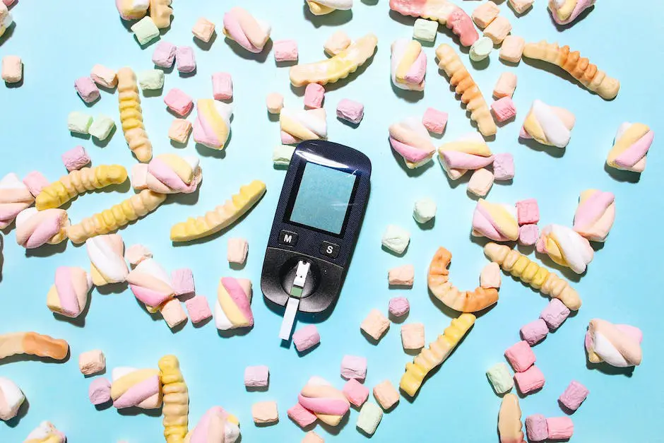 Image depicting a person checking blood sugar levels with a glucose meter and a healthy plate of food.