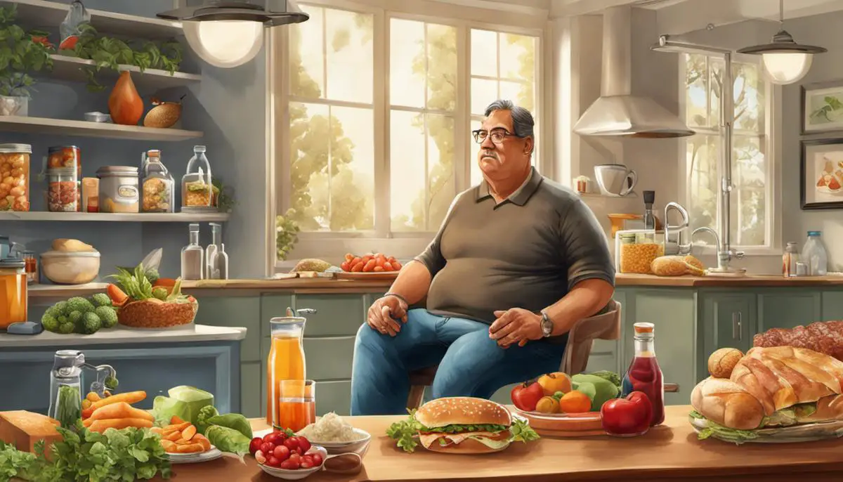 Illustration depicting a man with risk factors for diabetes like obesity, genetic history, sedentary lifestyle, and unhealthy diet.